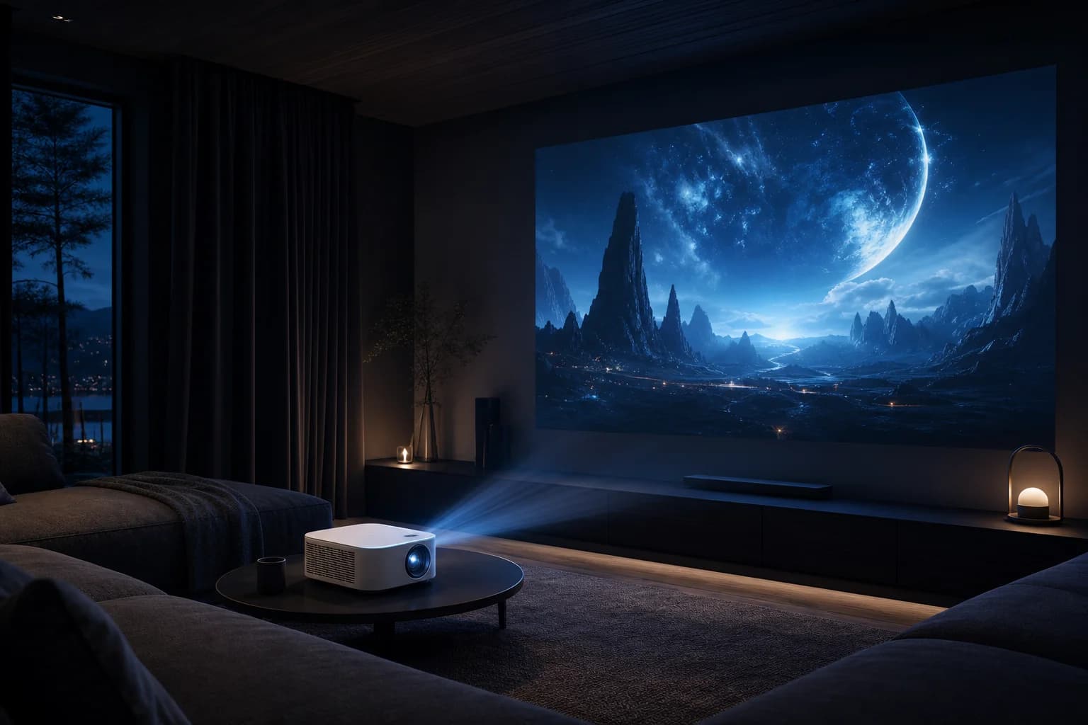 Nordic Beam projector creating a cozy home cinema atmosphere